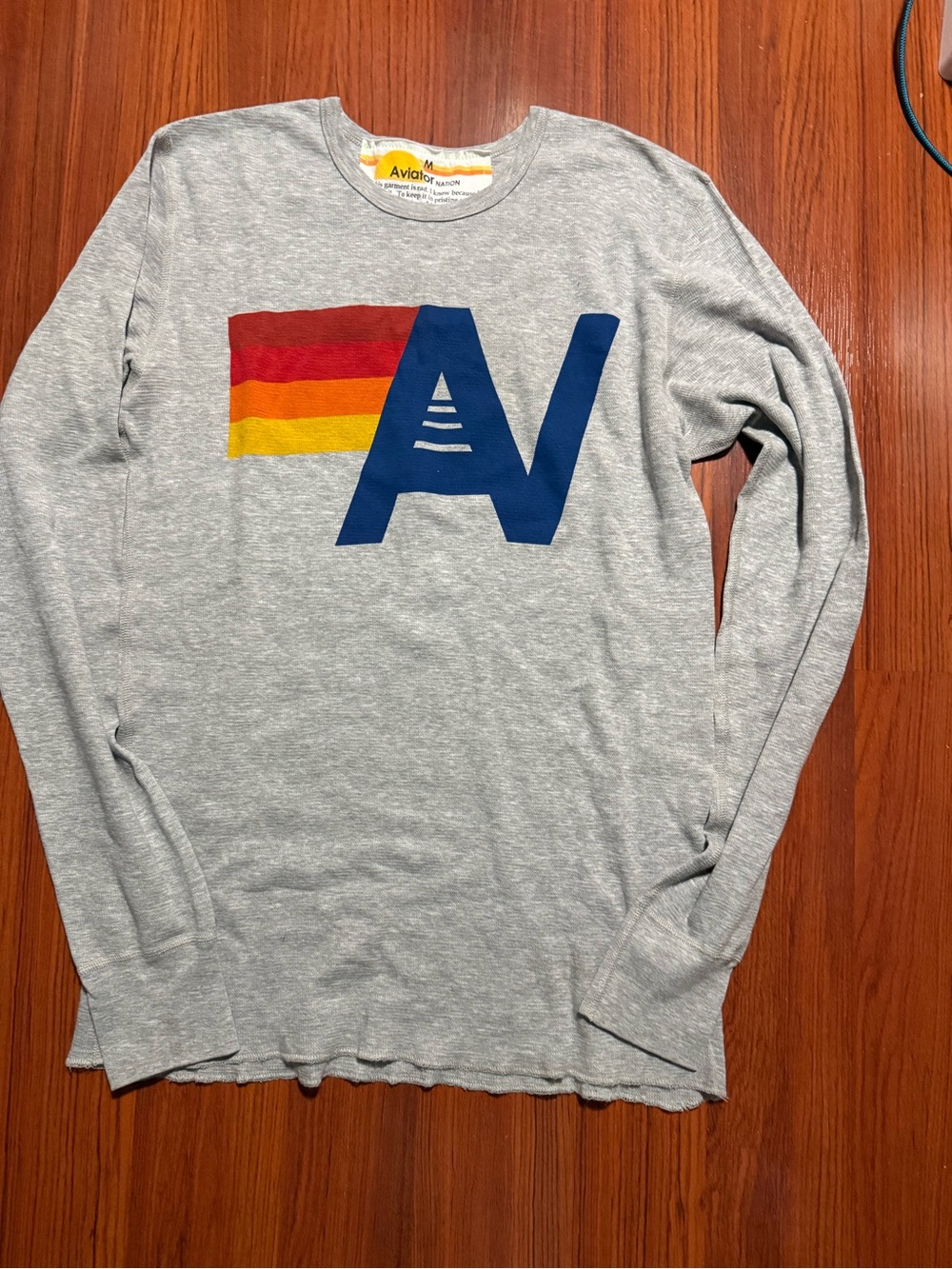 Aviator Nation Heather Gray Long Sleeve Tee with Blue Logo and Retro Stripes
